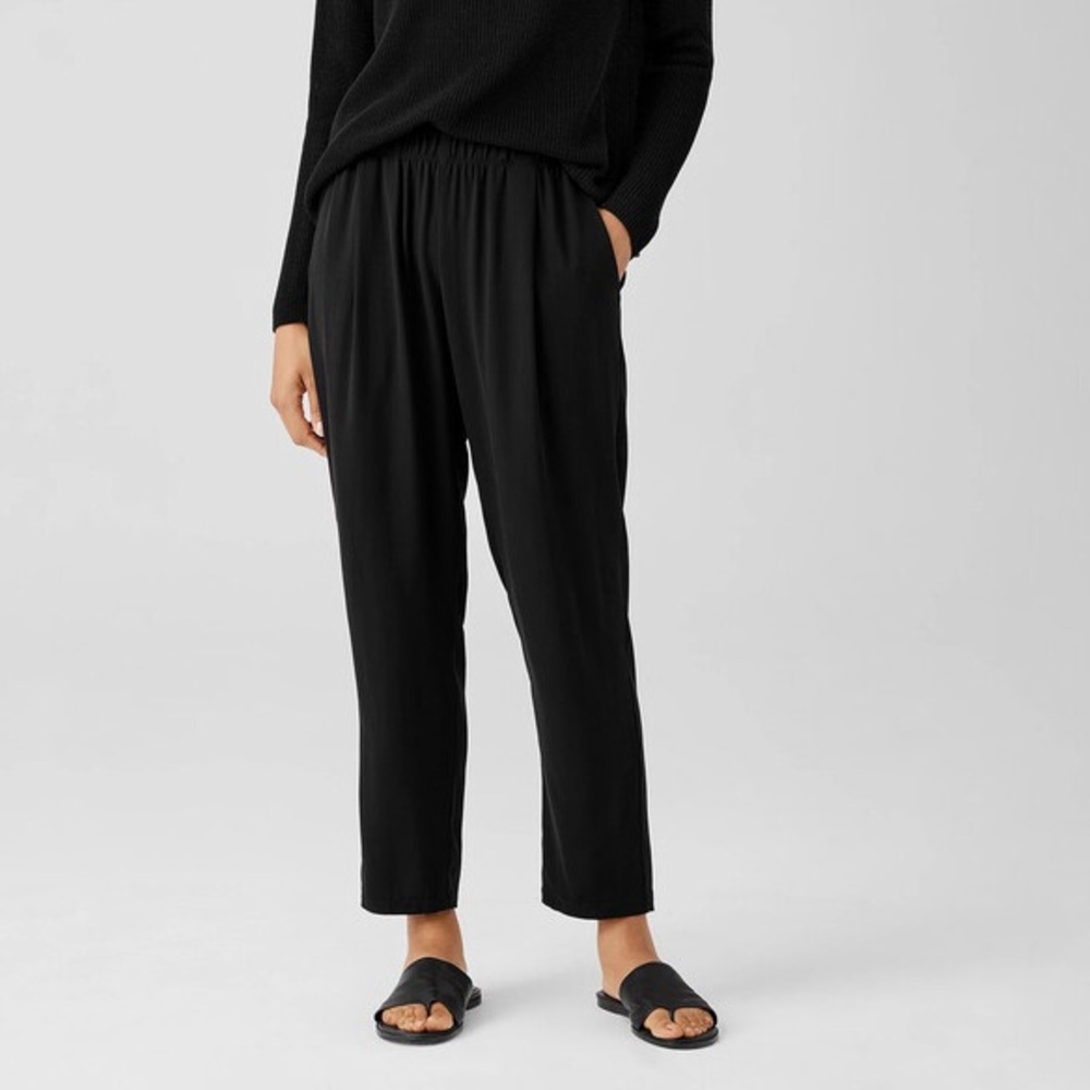 Eileen Fisher Silk Georgette Crepe Pleated Tapered Pant Size Medium Black